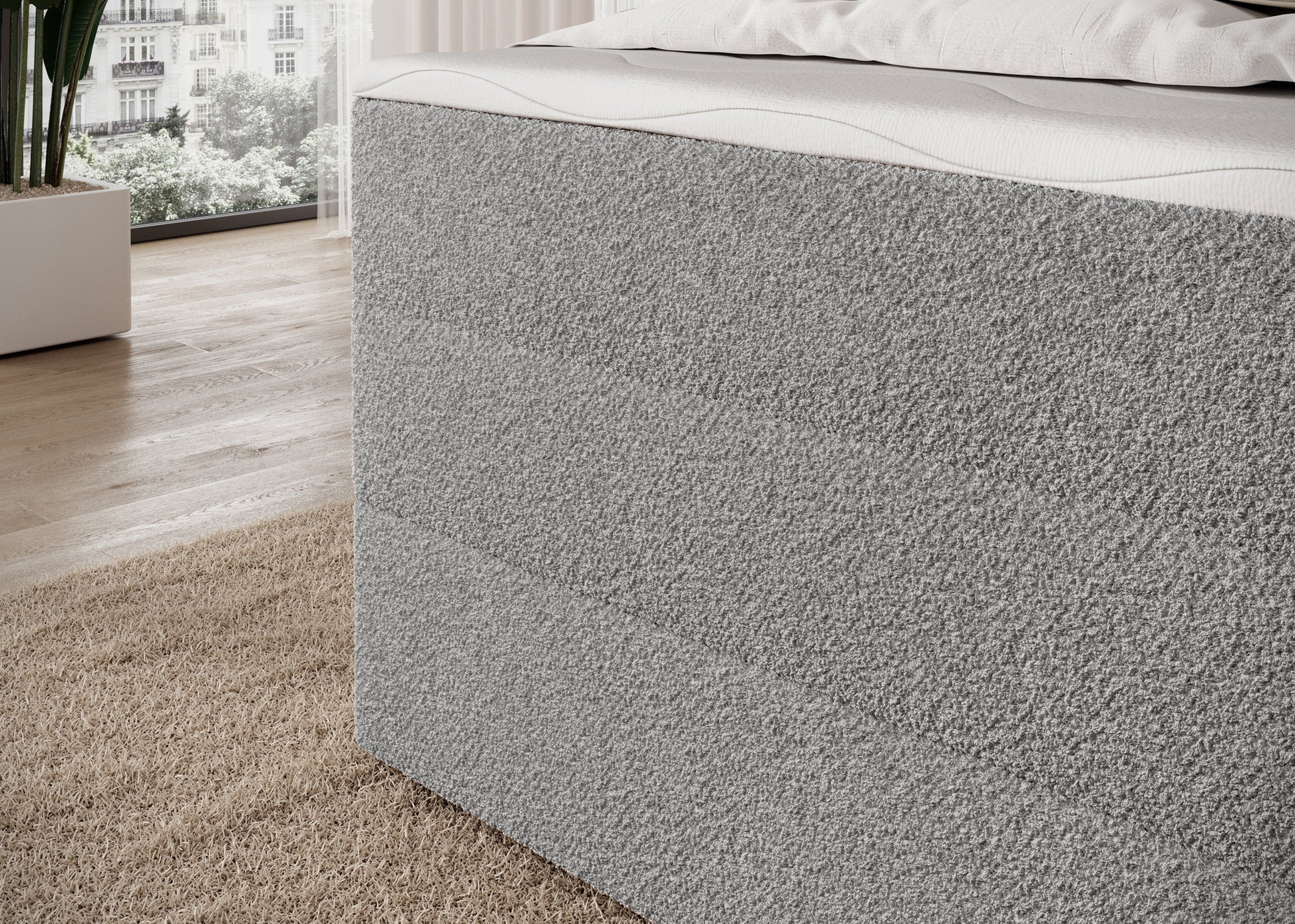 Korpus łóżka Royal 04 w szarym obiciu bouclé, solidne wykończenie i nowoczesny charakter mebla.