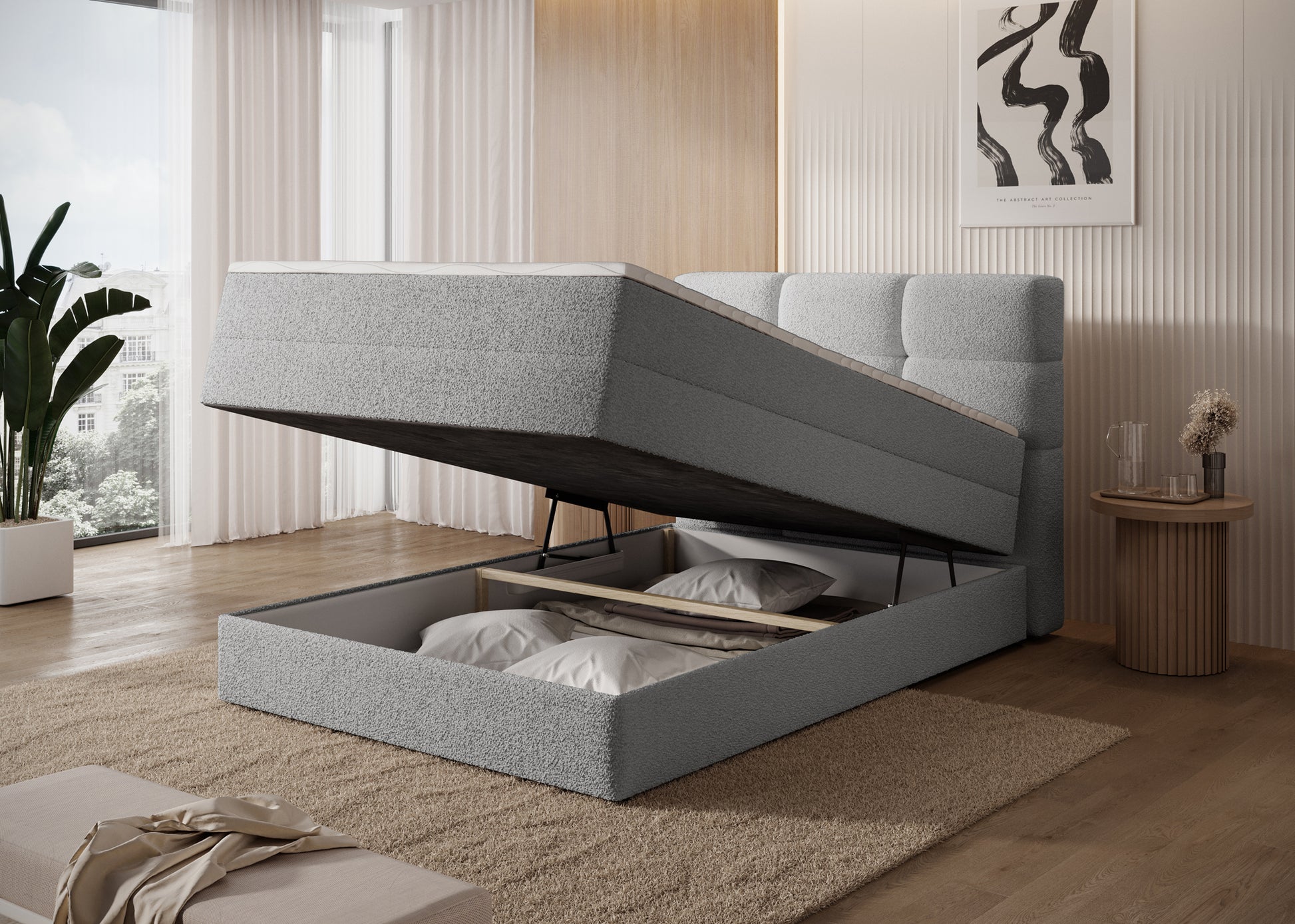 Praktyczny pojemnik na pościel w łóżku Royal 04 w szarej tkaninie – funkcjonalne rozwiązanie do sypialni.