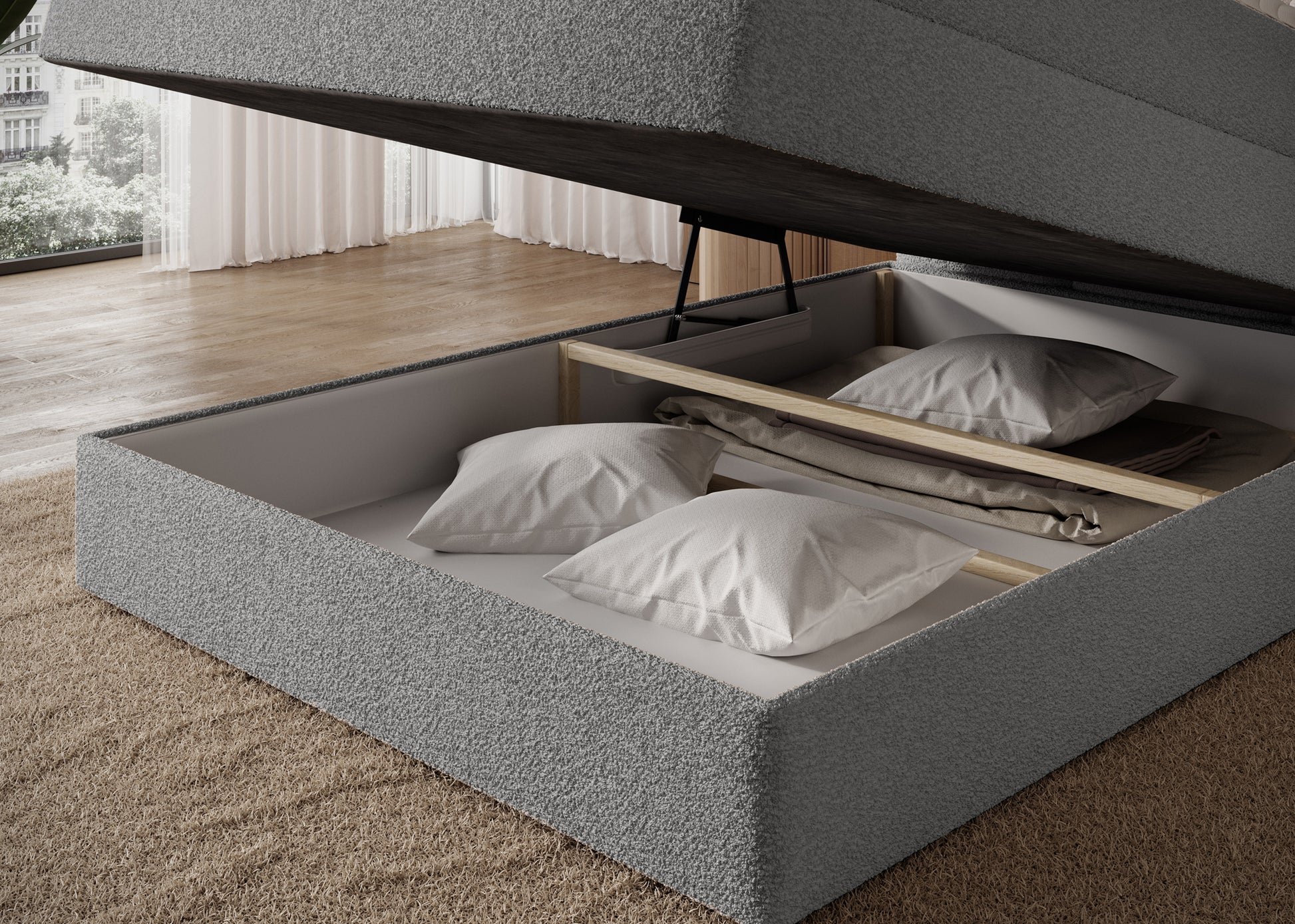 Łóżko Royal 04 szare z dużym pojemnikiem na pościel – estetyka i praktyczne zastosowanie w jednym.
