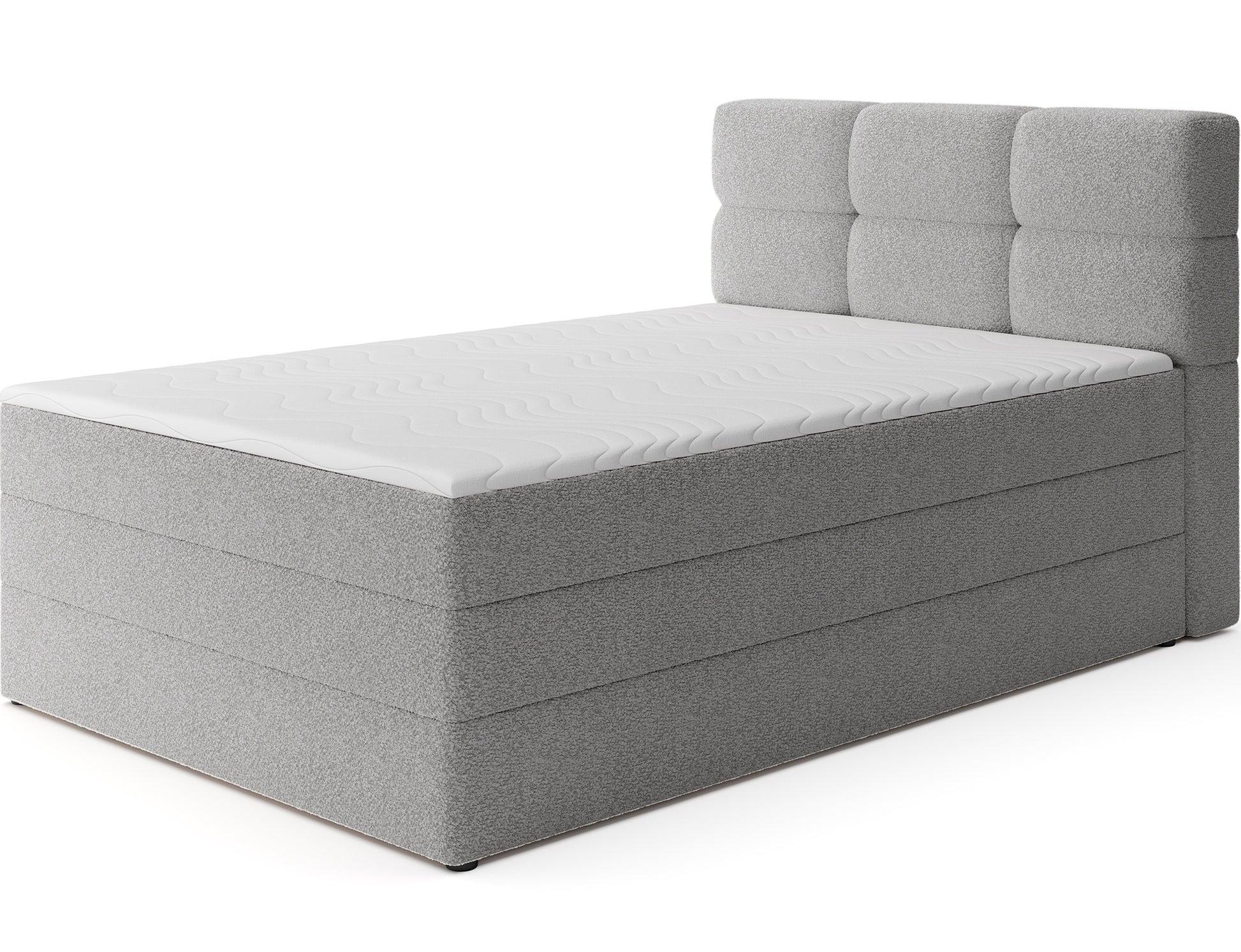 Stylowe łóżko Royal 04 w szarej tkaninie, elegancki design i funkcjonalny pojemnik na pościel do nowoczesnej sypialni.