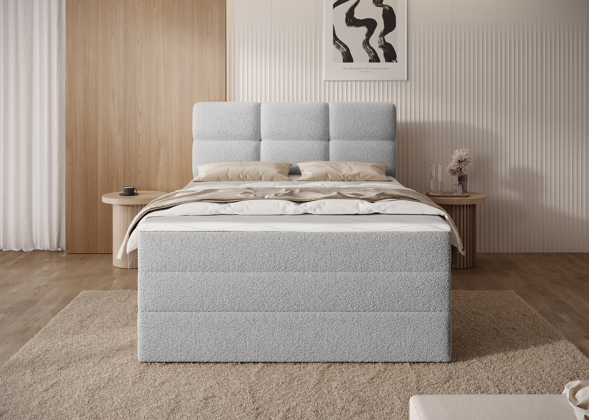Łóżko Royal 04 w szarym obiciu, widok od frontu – nowoczesna elegancja i komfort w Twojej sypialni.