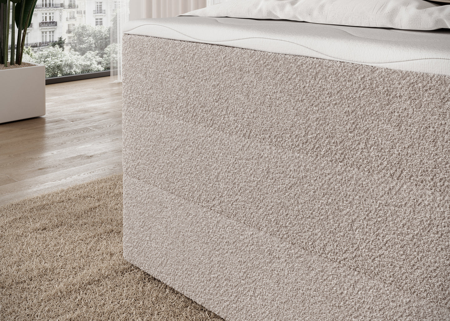 Korpus łóżka Royal 18 jasnobeżowego, solidna konstrukcja tapicerowana w eleganckiej tkaninie bouclé.