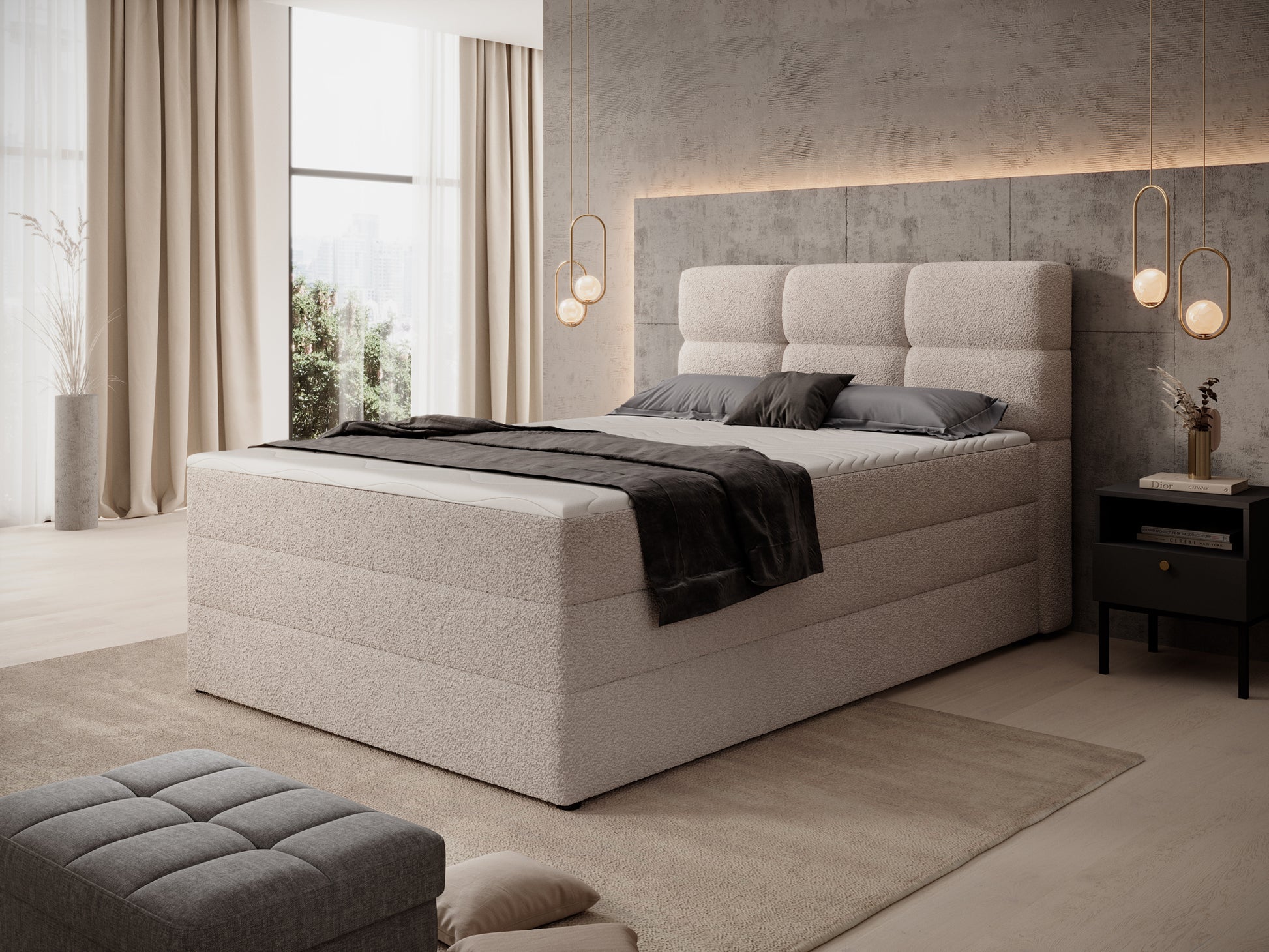 Łóżko Royal 18 jasnobeżowe w aranżacji sypialni, elegancki design, praktyczne rozwiązanie i wygodna forma.