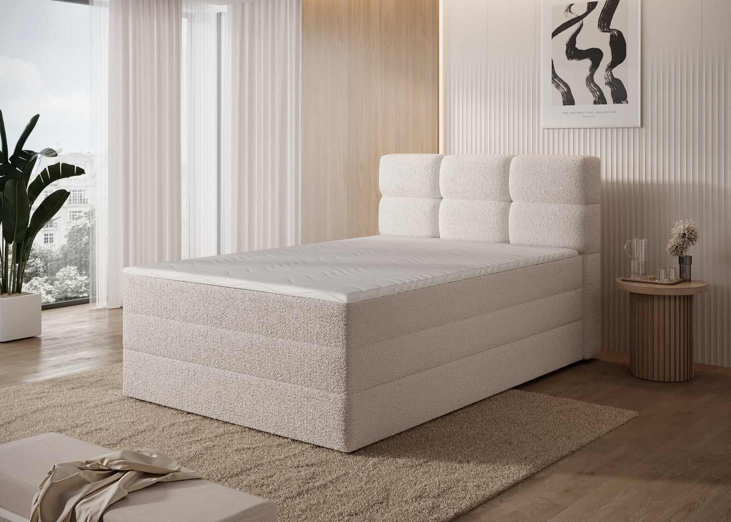 Łóżko Royal 18 jasnobeżowe z materacem – wygoda snu i dodatkowa przestrzeń do przechowywania.