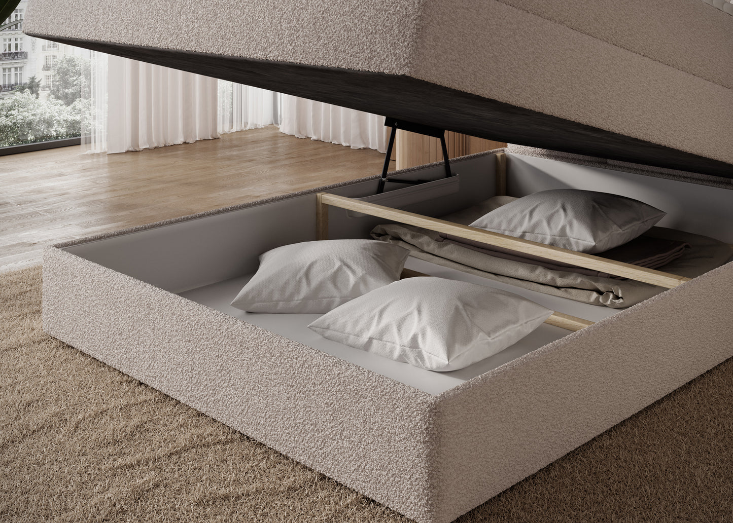 Praktyczny pojemnik na pościel w łóżku Royal 18 jasnobeżowym – przestronne wnętrze i elegancka tapicerka.