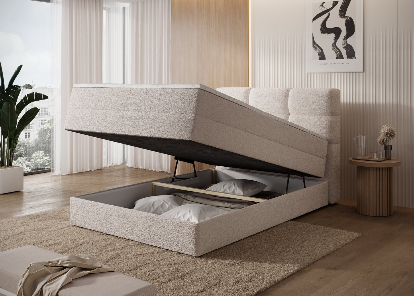 Łóżko Royal 18 w jasnobeżowej tkaninie, otwarty pojemnik na pościel – funkcjonalne i estetyczne rozwiązanie do sypialni.