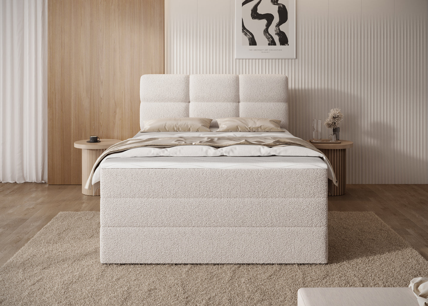 Łóżko Royal 18 w jasnobeżowej tkaninie, widok od frontu – elegancja i komfort w nowoczesnej aranżacji wnętrza.