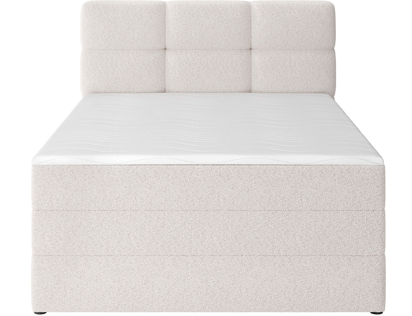 Stylowe łóżko Royal 18 jasnobeżowe, prosty design z wysokim zagłówkiem i miękkim topperem do sypialni.