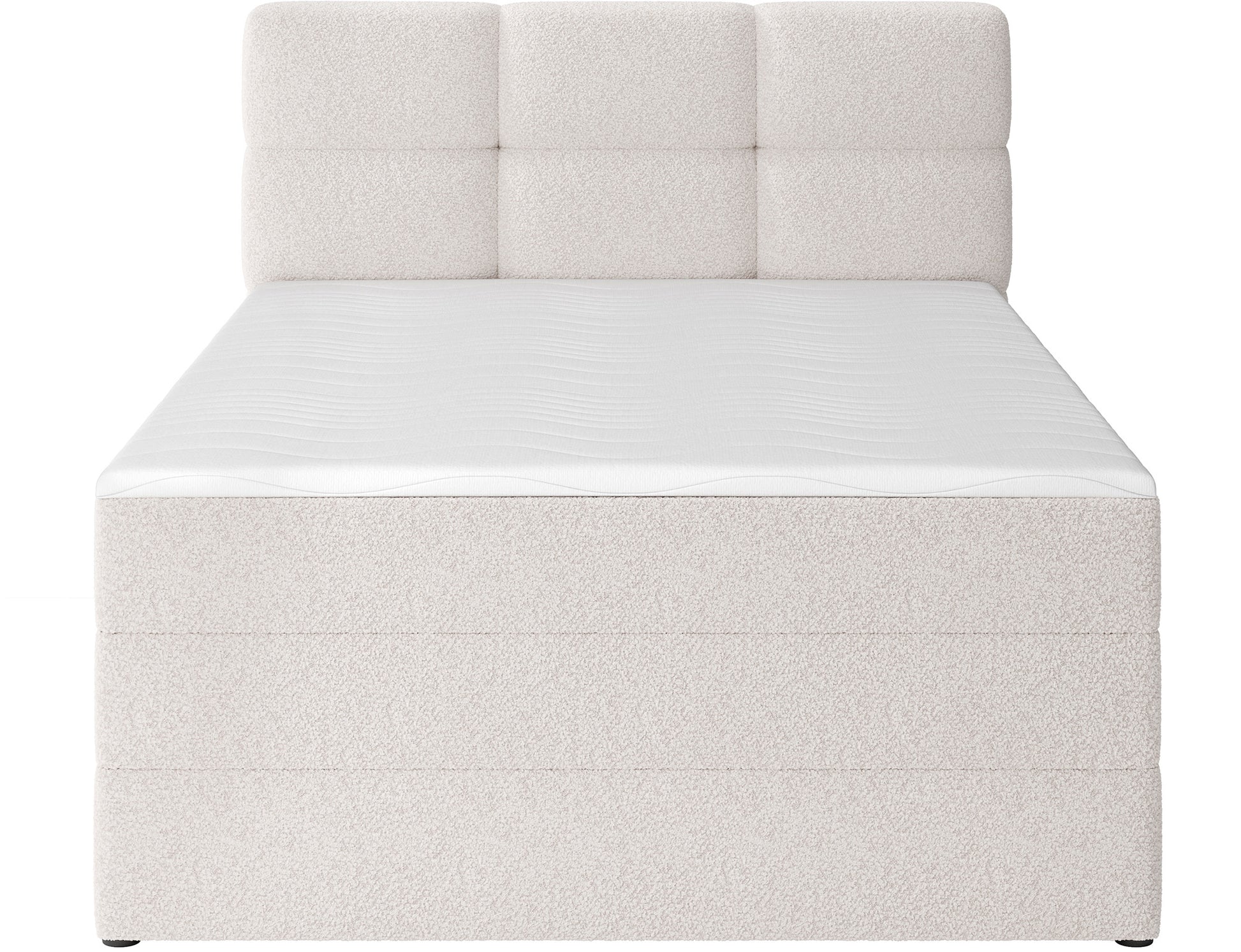 Stylowe łóżko Royal 18 jasnobeżowe, prosty design z wysokim zagłówkiem i miękkim topperem do sypialni.