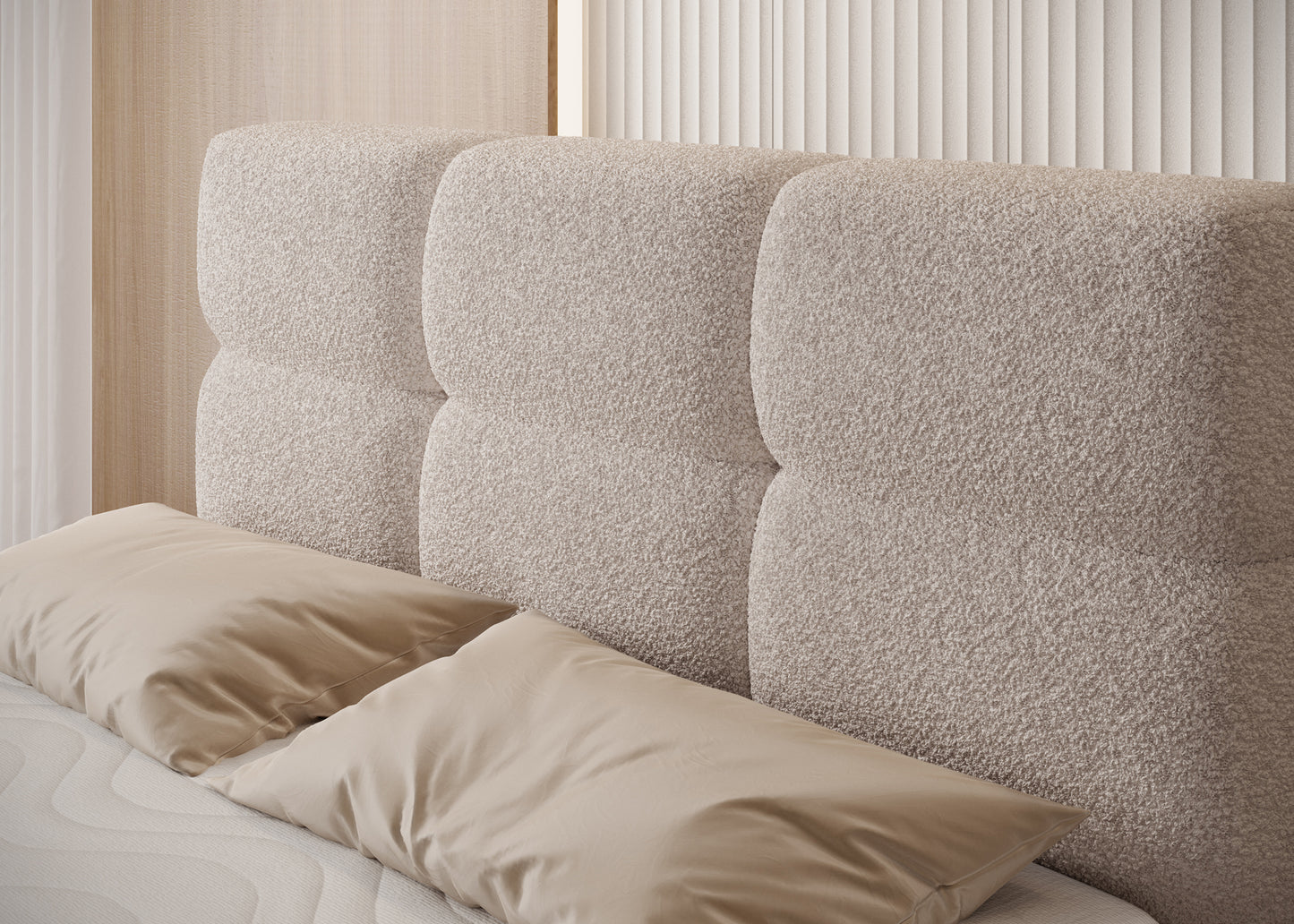 Zbliżenie na tapicerowany zagłówek łóżka Royal 18 w jasnobeżowej tkaninie – elegancja i wygoda w nowoczesnym stylu.