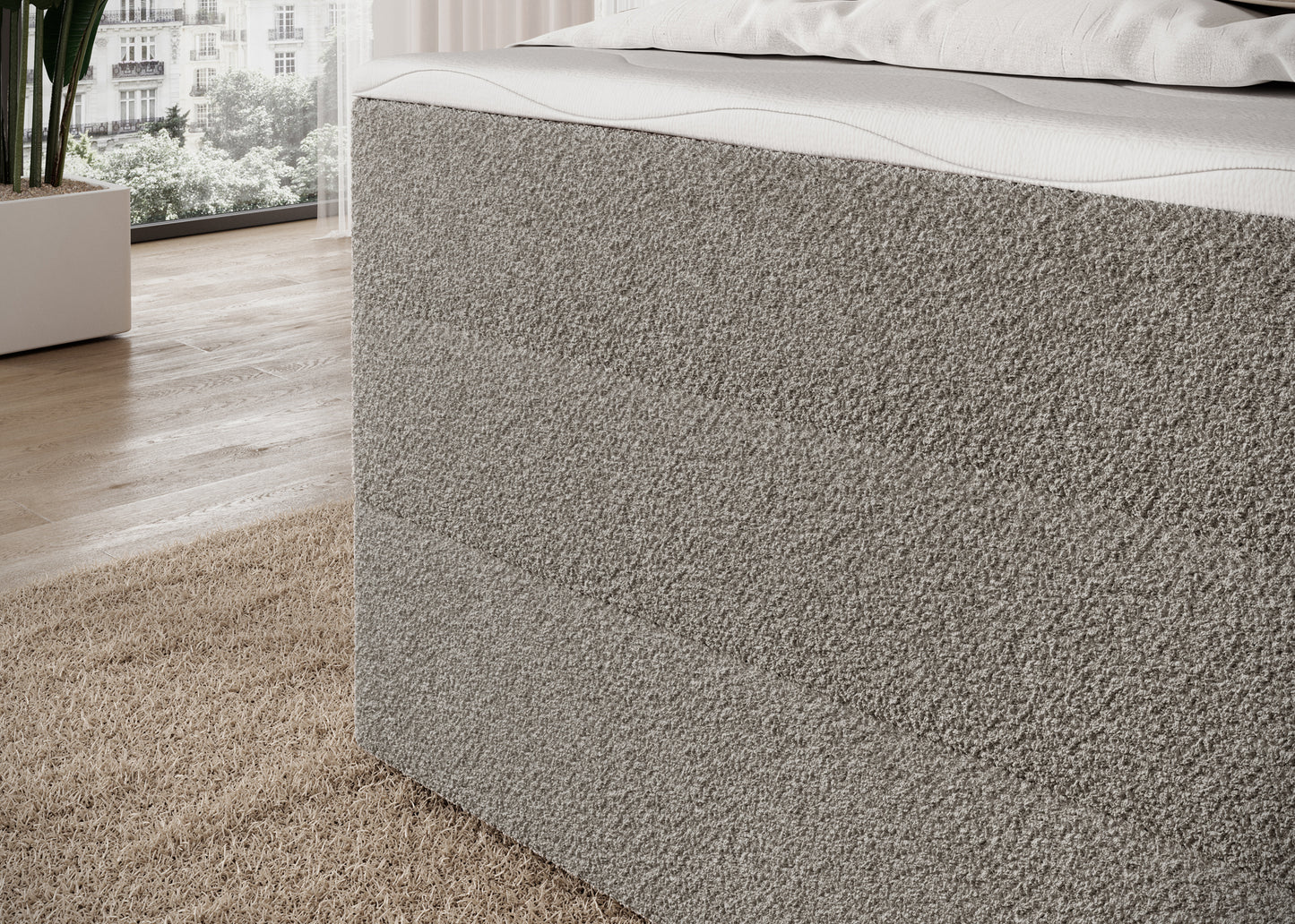 Korpus łóżka Royal 20 beżowego, solidnie wykonana tapicerowana bryła w eleganckiej tkaninie bouclé.