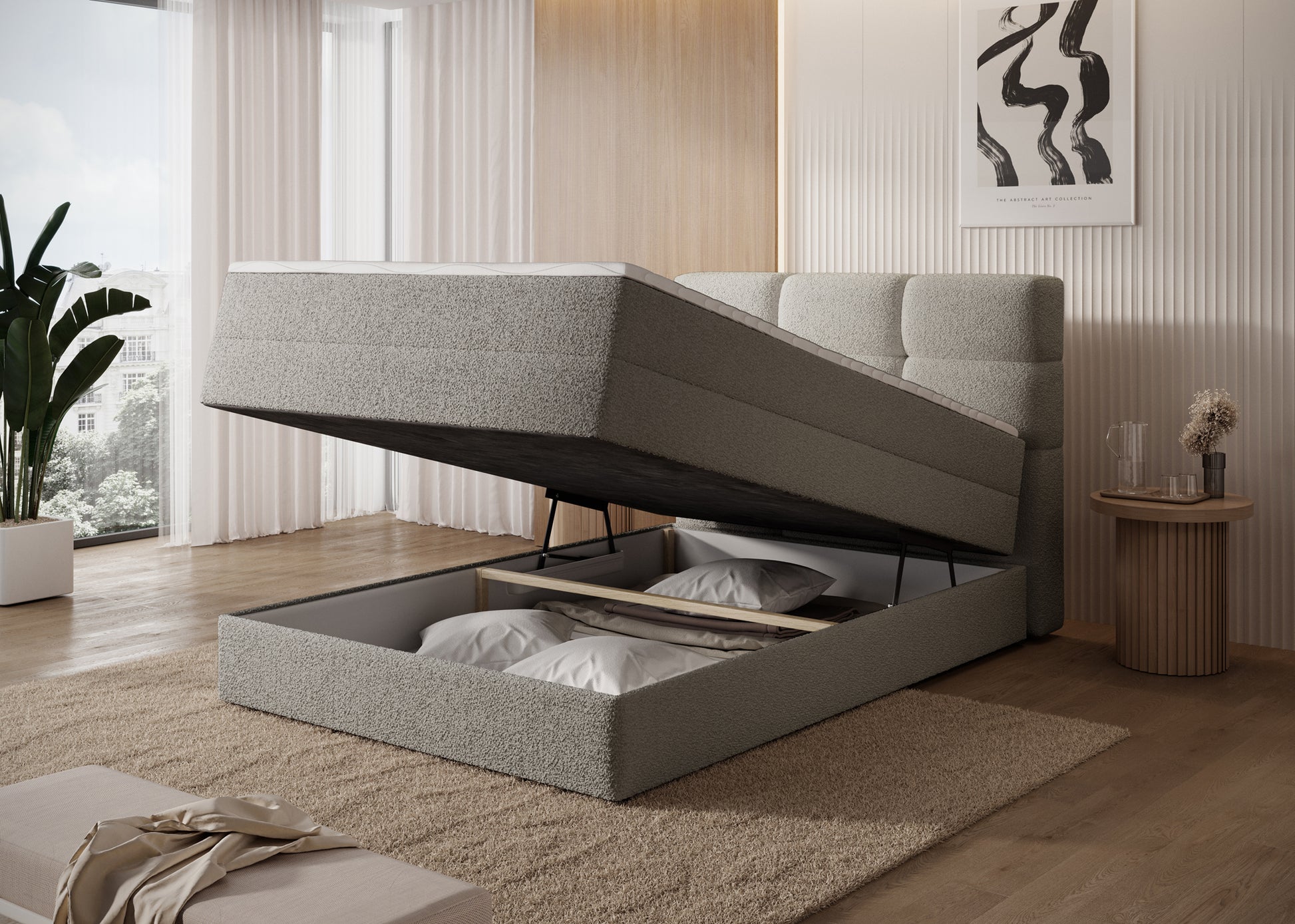 Łóżko Royal 20 w beżowej tkaninie z otwartym pojemnikiem – praktyczne miejsce do przechowywania pościeli i tekstyliów.