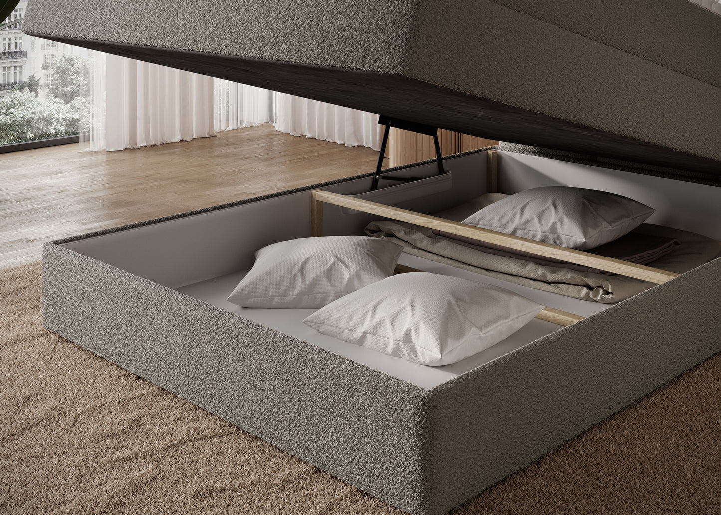 Pojemnik na pościel w łóżku Royal 20 beżowym – przestronne wnętrze i funkcjonalne rozwiązanie w eleganckiej formie.