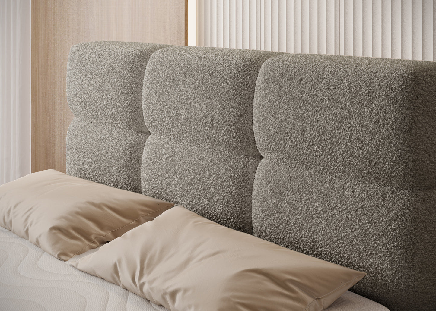 Zbliżenie na tapicerowany zagłówek łóżka Royal 20 w beżowej tkaninie – wygoda i estetyka w każdym detalu.