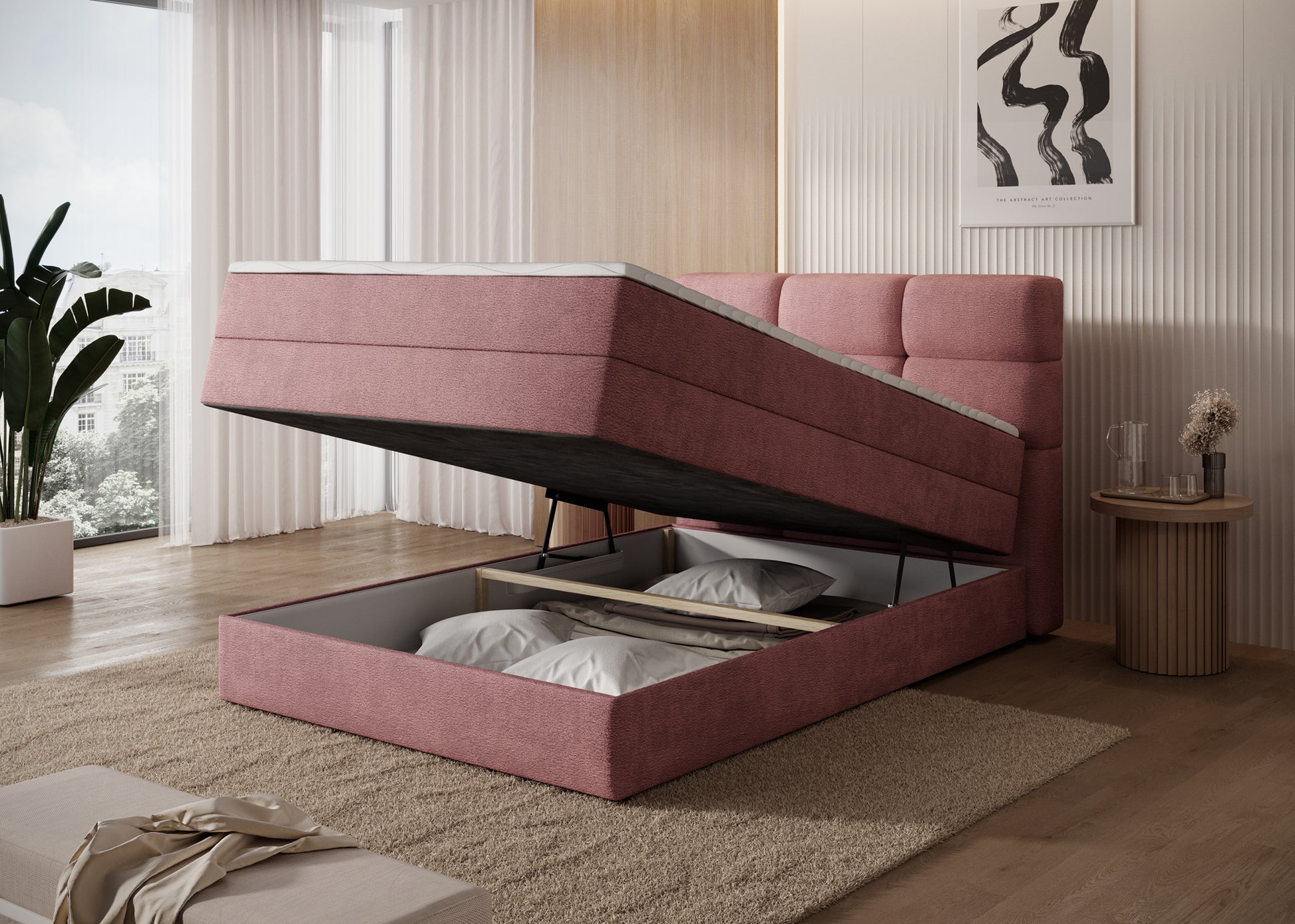 Łóżko Kasped w tkaninie Touch 24 różowej z otwartym pojemnikiem – praktyczne miejsce na pościel i tekstylia.
