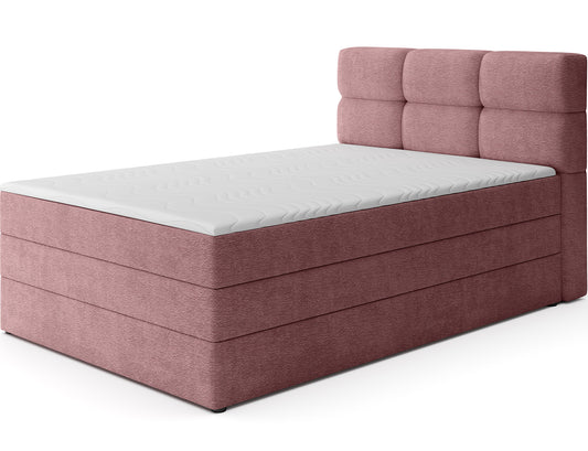 Łóżko kontynentalne Kasped w tkaninie Touch 24 różowej, widok skośny – elegancki design i praktyczny pojemnik na pościel.