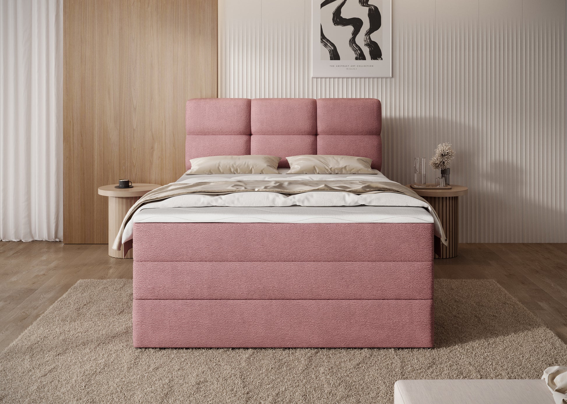 Łóżko Kasped różowe Touch 24 – widok od frontu w aranżacji sypialni, z wysokim tapicerowanym zagłówkiem i wygodnym materacem.