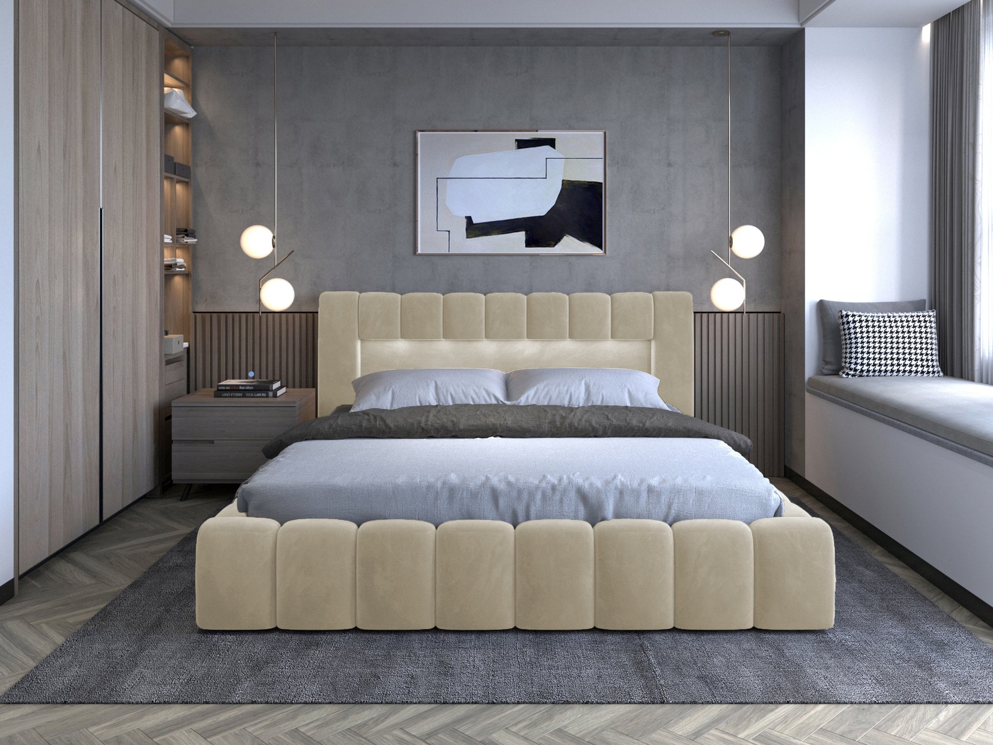 Beżowe łóżko Lamica 140x200 cm w aranżacji wnętrza – ujęcie na wprost.