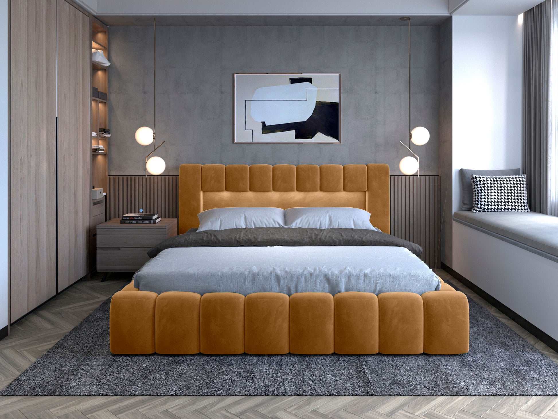 Łóżko Lamica Monolith 48 miodowy (140 × 200 cm) z uniesionym stelażem odsłaniającym głęboką, zamykaną przestrzeń do przechowywania – widok frontalny.