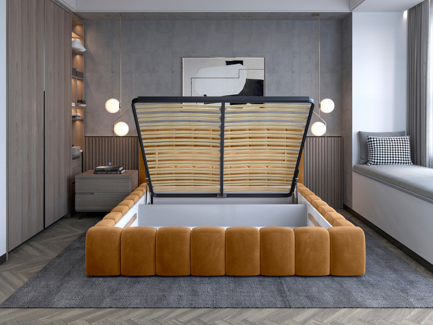 Frontowy widok łóżka Lamica Monolith 48 miodowy (140 × 200 cm) ustawionego na szarym dywanie przed betonową ścianą z abstrakcyjnym obrazem.