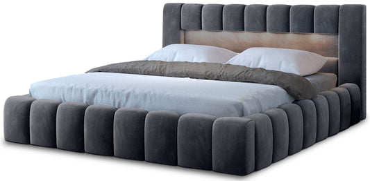 Izolacja produktu: Łóżko Lamica Monolith 85 szary 140×200 cm na białym tle, z charakterystycznym pikowaniem modułowych paneli wokół ramy i wezgłowia.