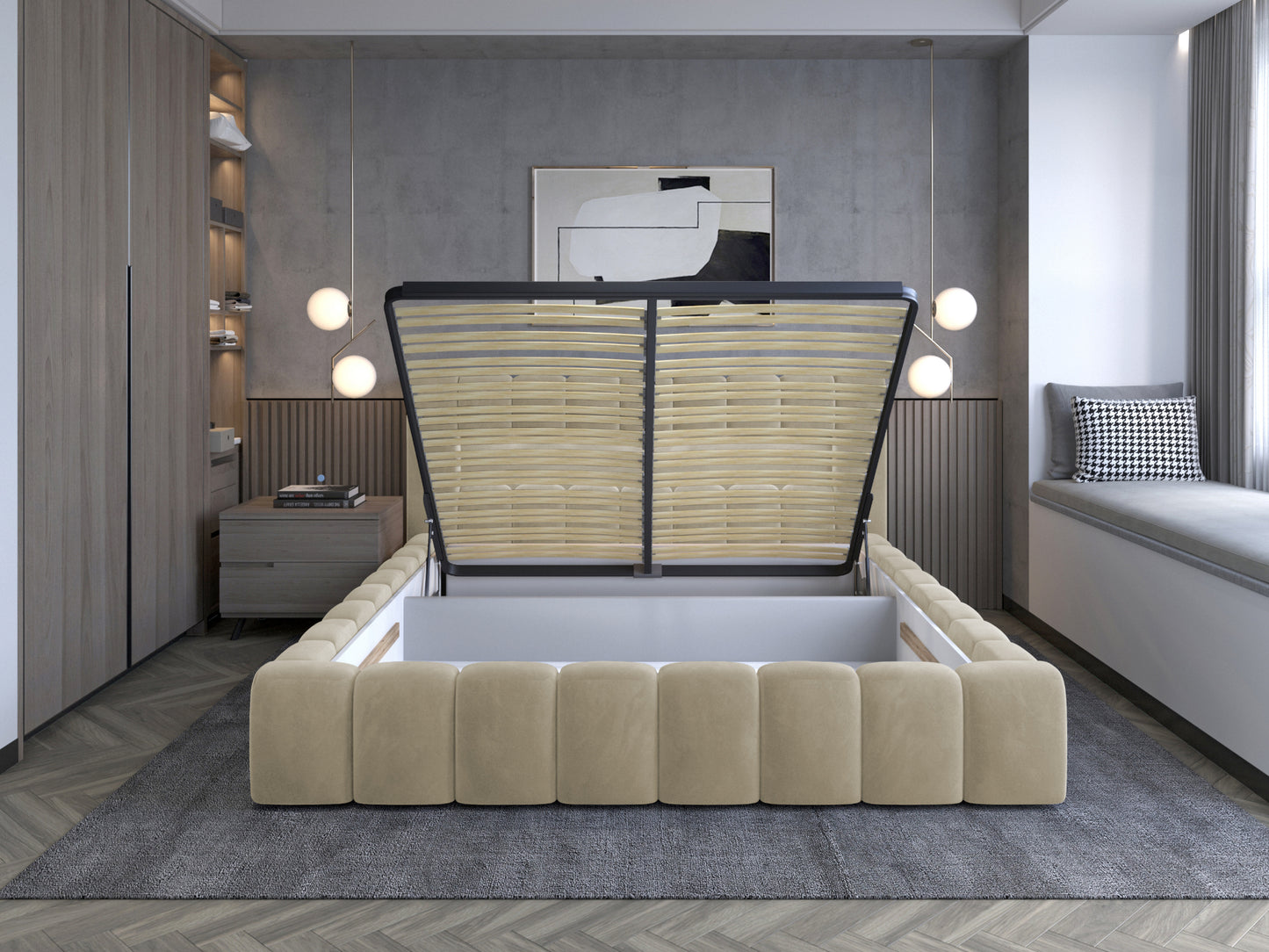 Łóżko Lamica 160x200 cm z otwartym pojemnikiem na pościel, widok w aranżacji sypialni.