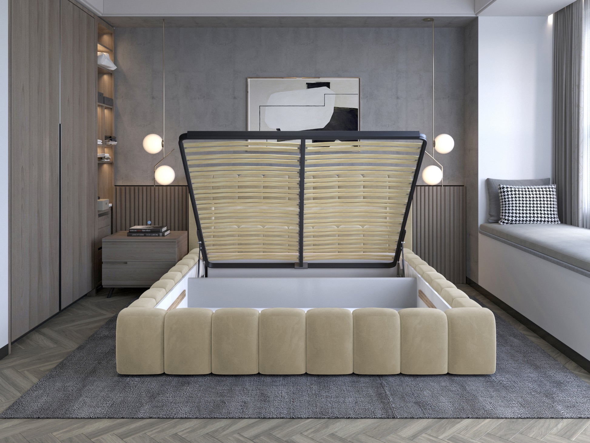Łóżko Lamica 160x200 cm z otwartym pojemnikiem na pościel, widok w aranżacji sypialni.