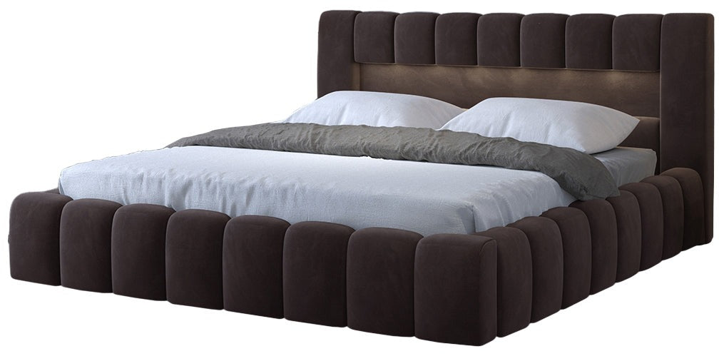 Łóżko Lamica 160x200, tapicerowane Monolith 29 brązowy, zaokrąglona rama i panelowy zagłówek z LED.
