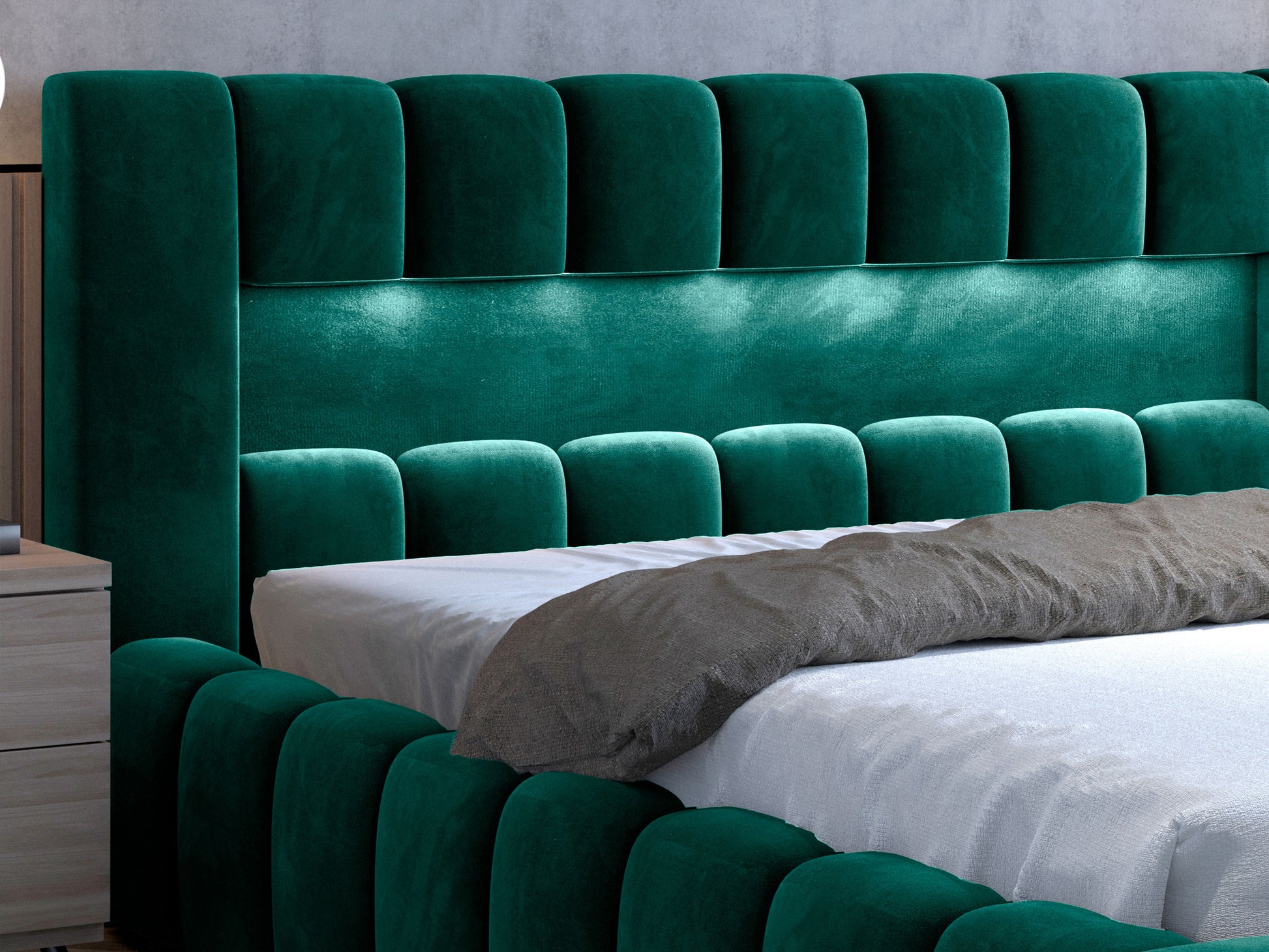 Zbliżenie wezgłowia łóżka Lamica 160x200 z podświetleniem LED; tapicerka Monolith 37 butelkowozielony.