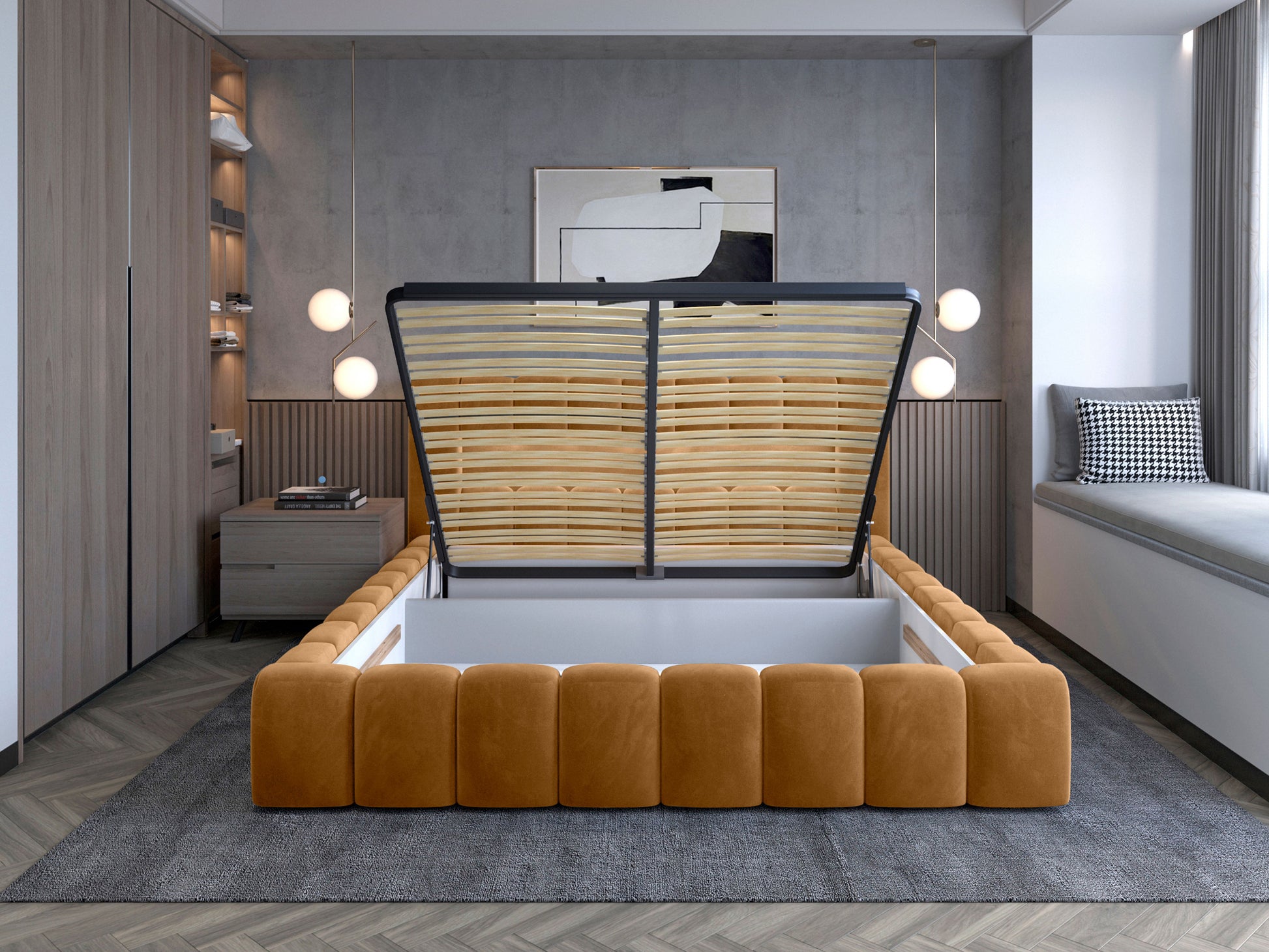 Łóżko Lamica 160x200 z pojemnikiem — unoszony stelaż i obszerna skrzynia na pościel, kolor Monolith 48 miodowy.