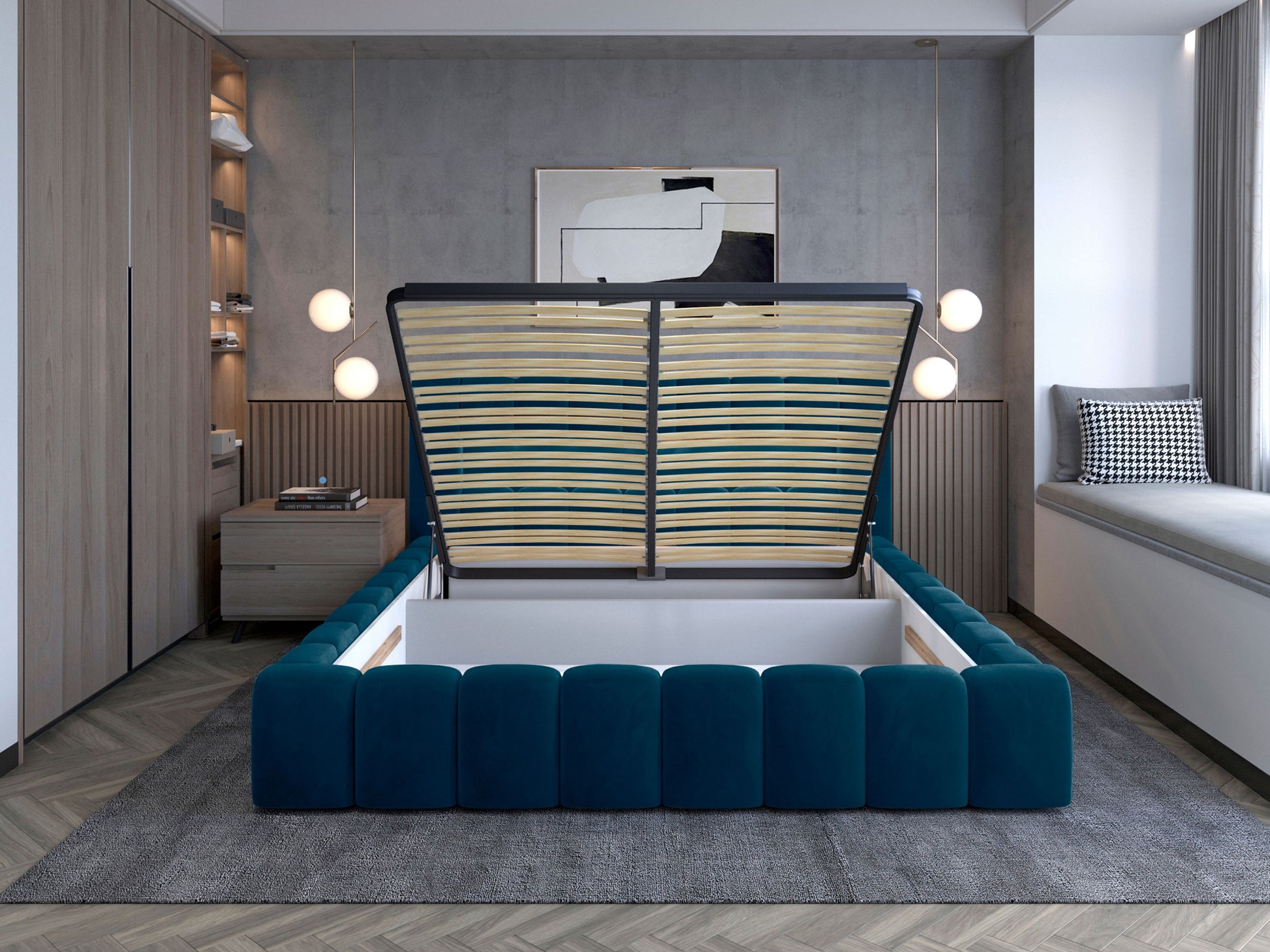 Łóżko Lamica 160x200 z pojemnikiem; unoszony stelaż i obszerna skrzynia na pościel, Monolith 77 granatowy.