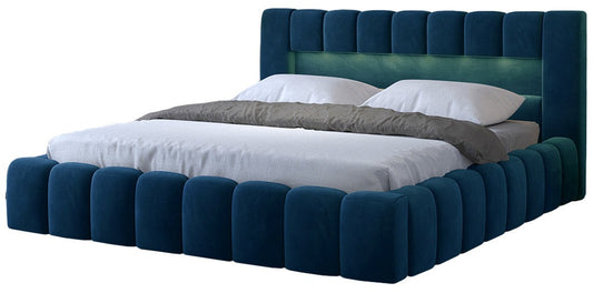 Łóżko Lamica 160x200, tapicerowane Monolith 77 granatowy — zaokrąglona modułowa rama i panelowy zagłówek z LED.