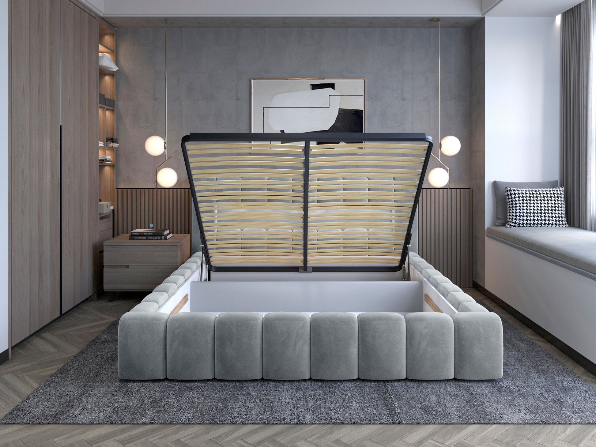 Łóżko Lamica 160x200 z pojemnikiem; unoszony stelaż i obszerna skrzynia na pościel, kolor Monolith 84 jasnoszary.