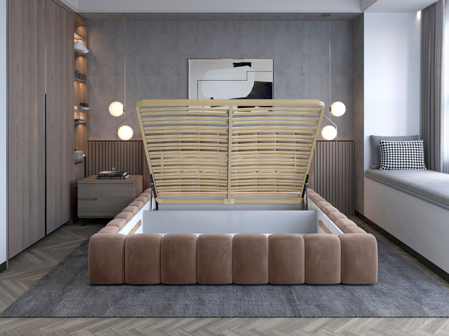 Łóżko Lamica 180x200 cm z pojemnikiem na pościel – mechanizm podnoszenia stelaża w kolorze Monolith 09 piaskowy.