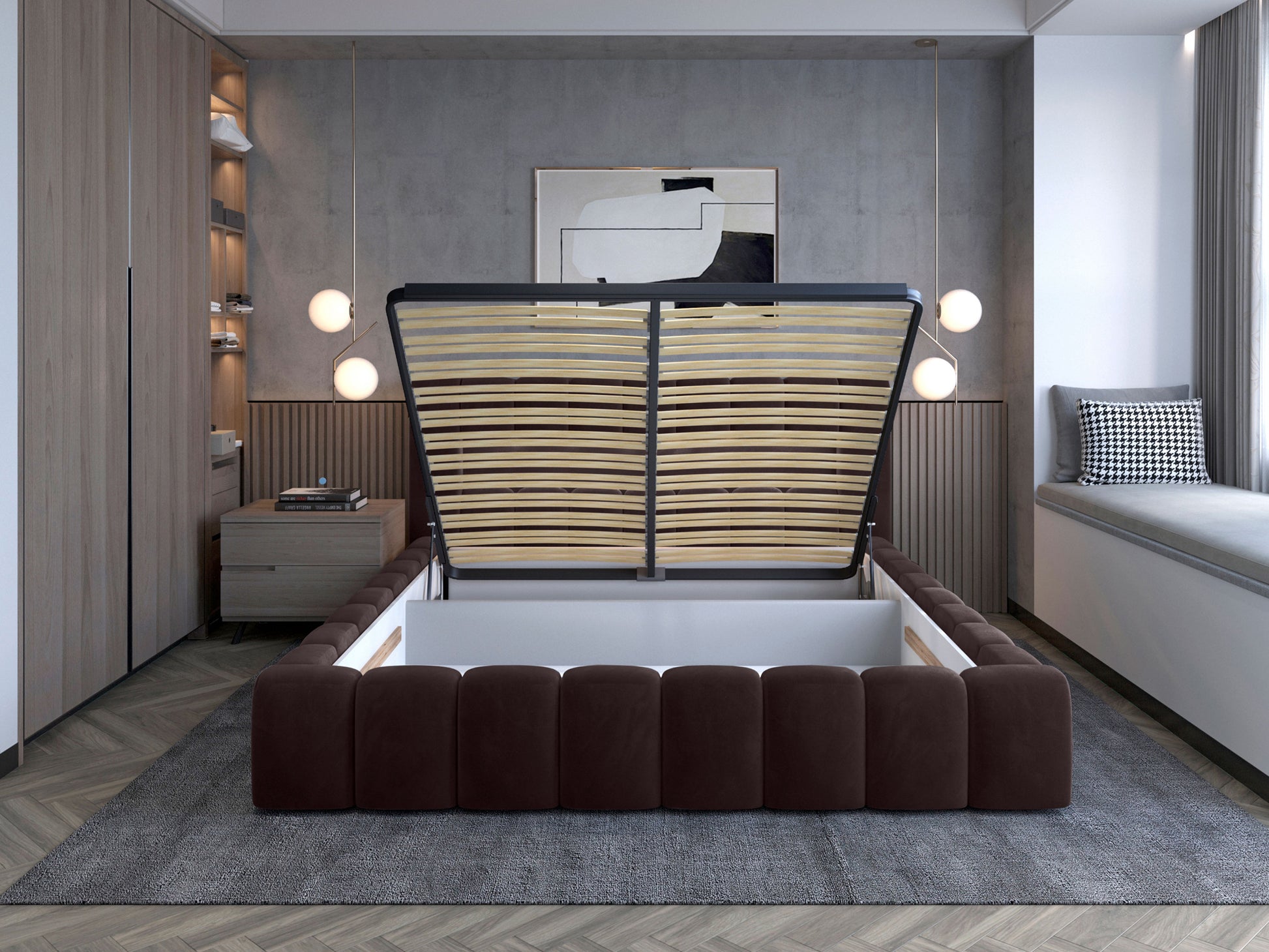 Łóżko Lamica 180x200 cm z pojemnikiem na pościel – mechanizm podnoszenia stelaża w kolorze Monolith 29 ciemny brąz.