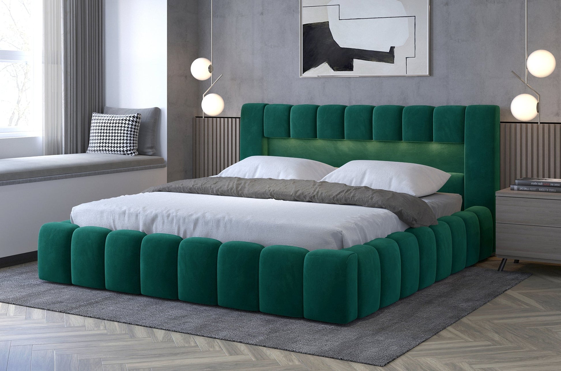 Łóżko tapicerowane Lamica 180x200 cm w kolorze butelkowozielony Monolith 37 w nowoczesnej sypialni z oświetleniem LED w zagłówku.