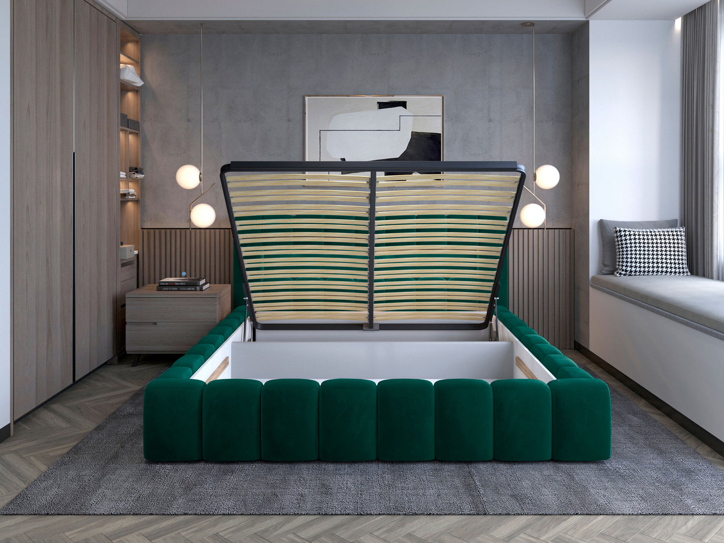 Łóżko Lamica 180x200 cm z pojemnikiem na pościel – mechanizm podnoszenia stelaża w kolorze Monolith 37 butelkowozielony.