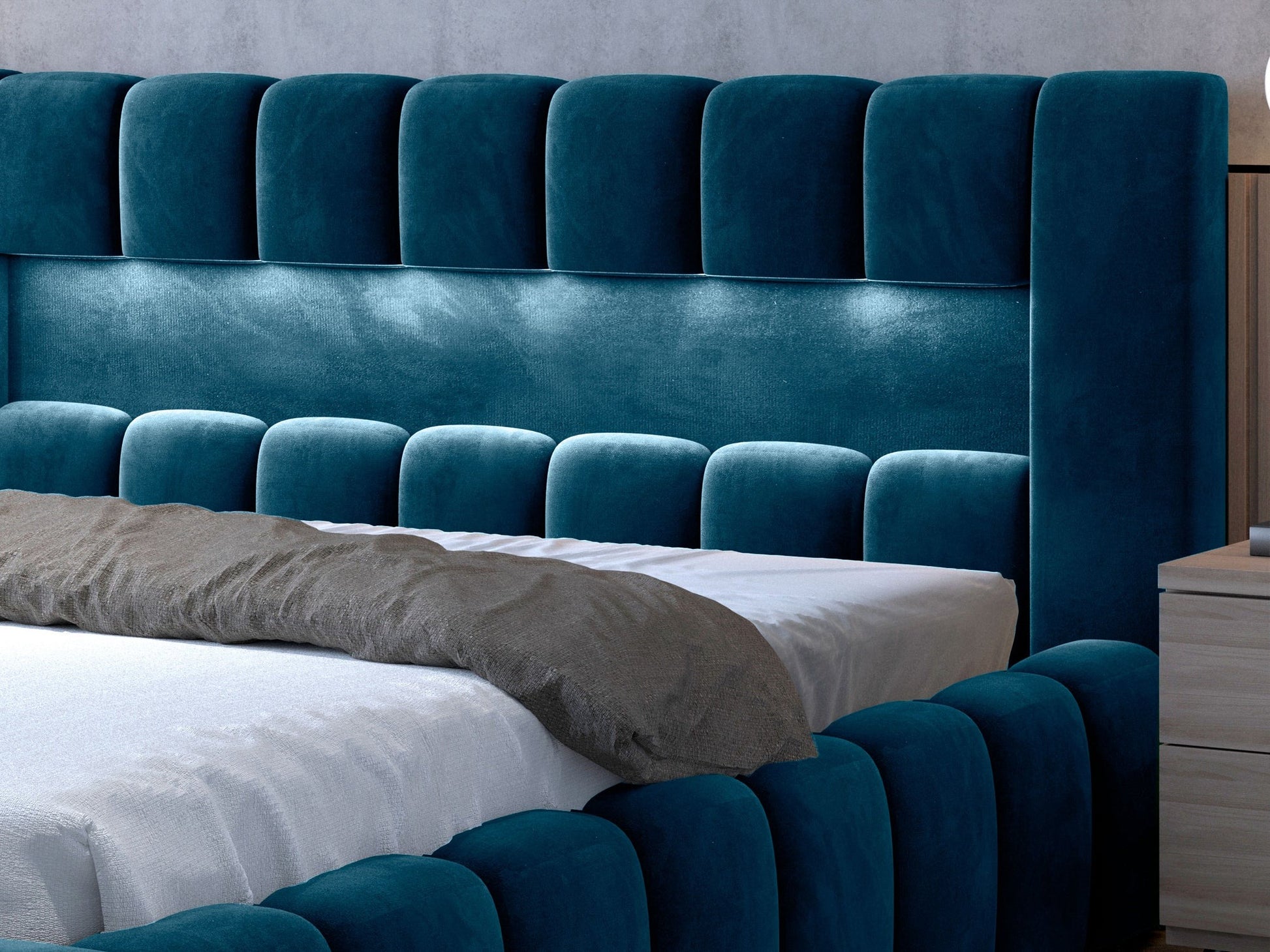 Zbliżenie na podświetlany zagłówek łóżka Lamica w kolorze Monolith 77 granatowy.