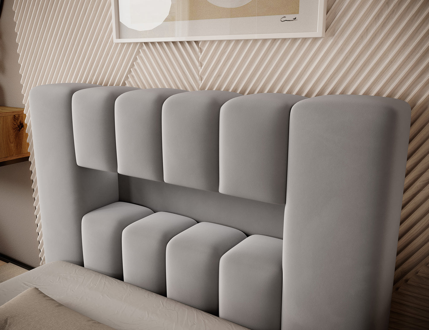 Widok bocznego panelu zagłówka łóżka Lamica I Nube 03 z zaokrąglonym narożnikiem i gładką fakturą tkaniny.