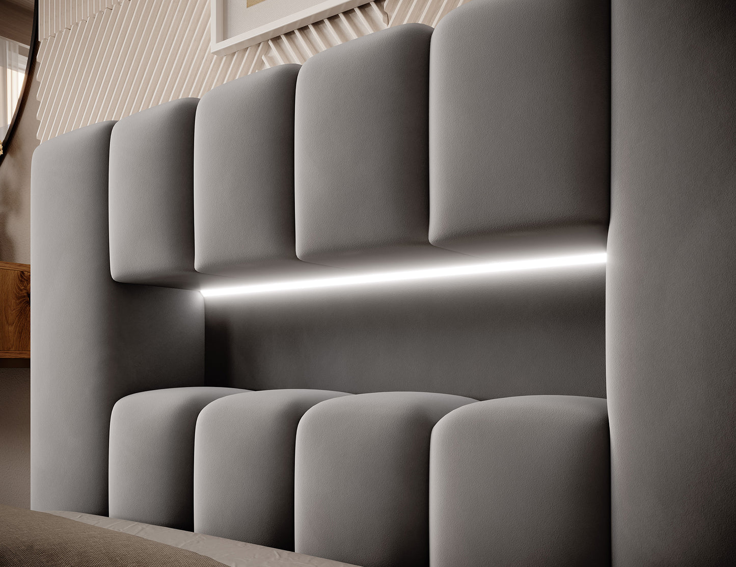 Zbliżenie na wezgłowie łóżka Lamica I Nube 04 z wbudowanym podświetleniem LED i pikowanymi panelami.