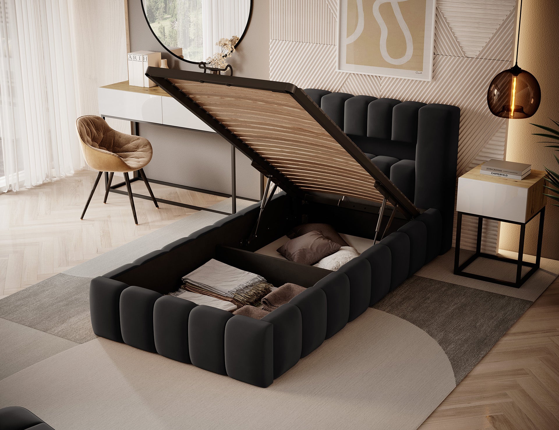 Podniesiony stelaż łóżka Lamica I Nube 06 (90×200 cm) odsłaniający pojemny schowek na pościel wyściełany miękką tapicerką.