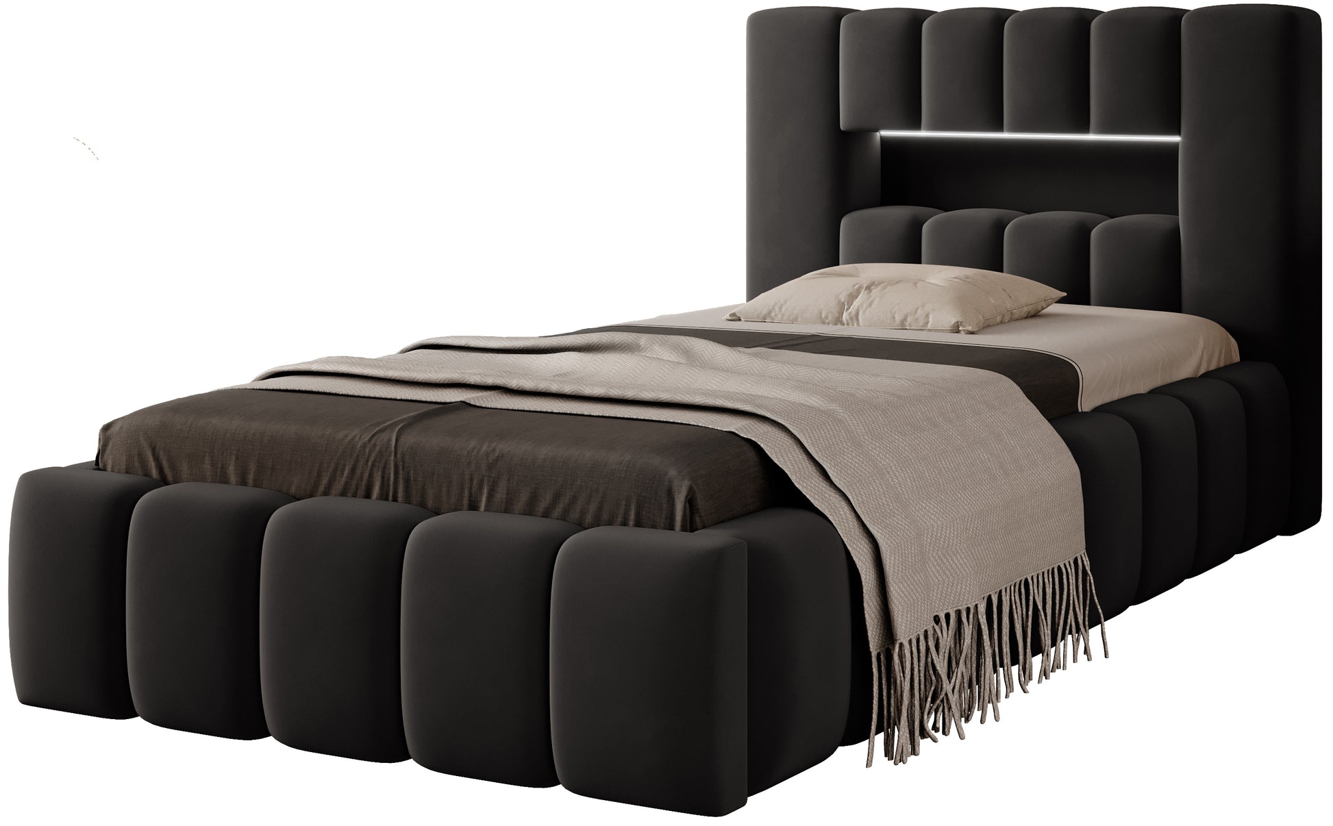 Ciemnoszare tapicerowane łóżko Lamica I Nube 06 (90×200 cm) widziane z boku, z charakterystycznymi, zaokrąglonymi panelami wokół ramy i wezgłowia.