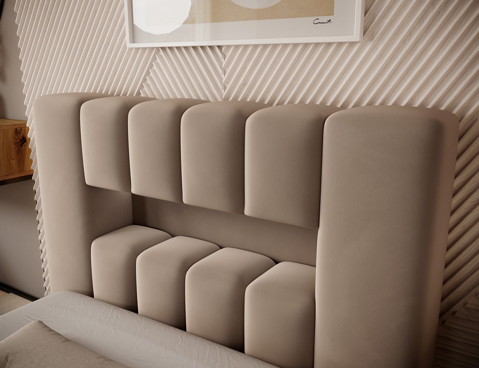Widok na przedni panel łóżka Lamica I Nube 20 (90×200 cm) z masywnymi, zaokrąglonymi panelami tapicerki i widocznym brzegiem materaca.