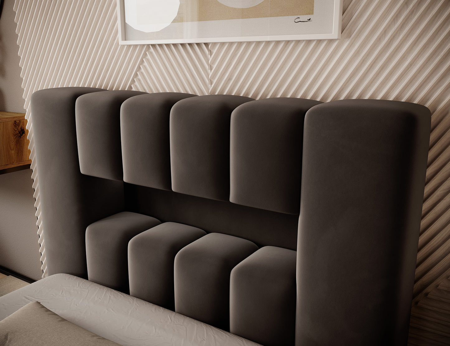 Detal bocznej części wezgłowia Lamica I Nube 22, pokazujący miękkie, zaokrąglone panele ciemnobrązowej tapicerki.