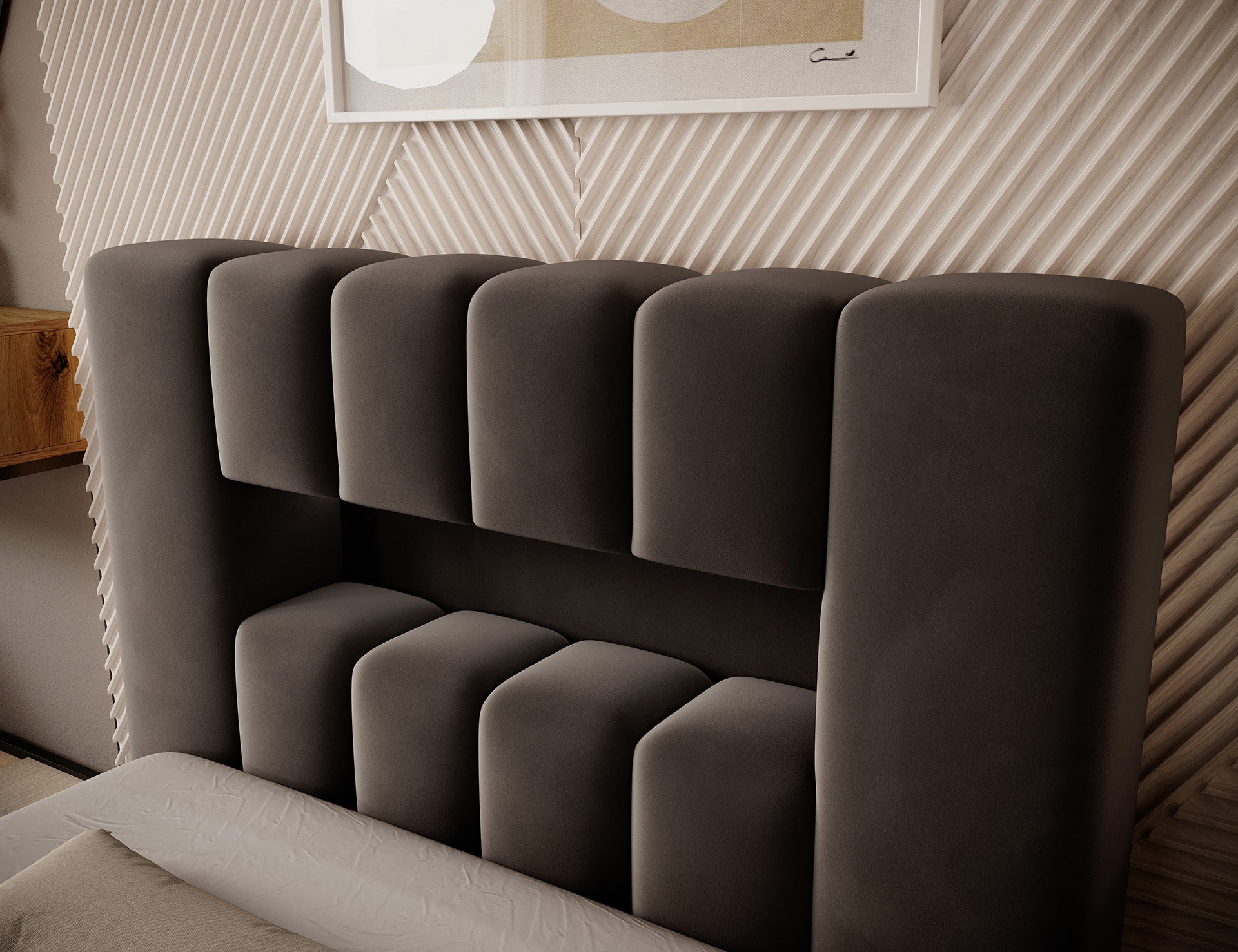 Detal bocznej części wezgłowia Lamica I Nube 22, pokazujący miękkie, zaokrąglone panele ciemnobrązowej tapicerki.