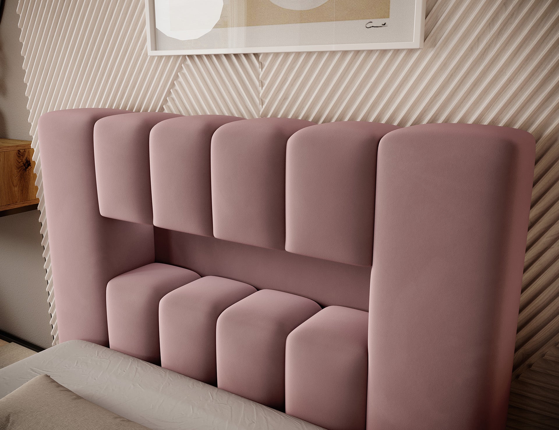 Detal bocznej części wezgłowia Lamica I Nube 24, pokazujący miękkie, zaokrąglone panele tapicerki.