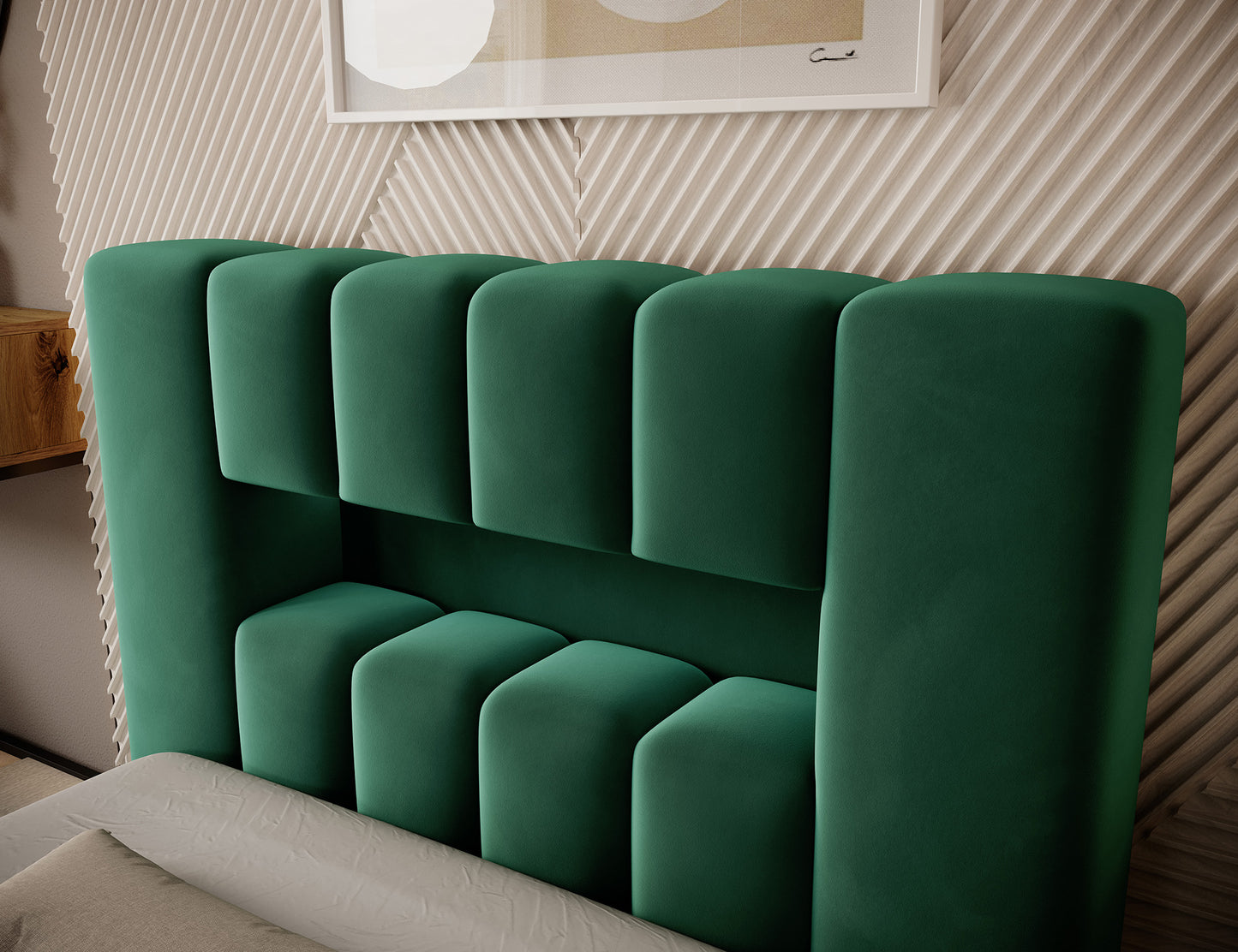 Detal bocznej części wezgłowia Lamica I Nube 35, pokazujący miękkie, zielone, zaokrąglone moduły tapicerki.