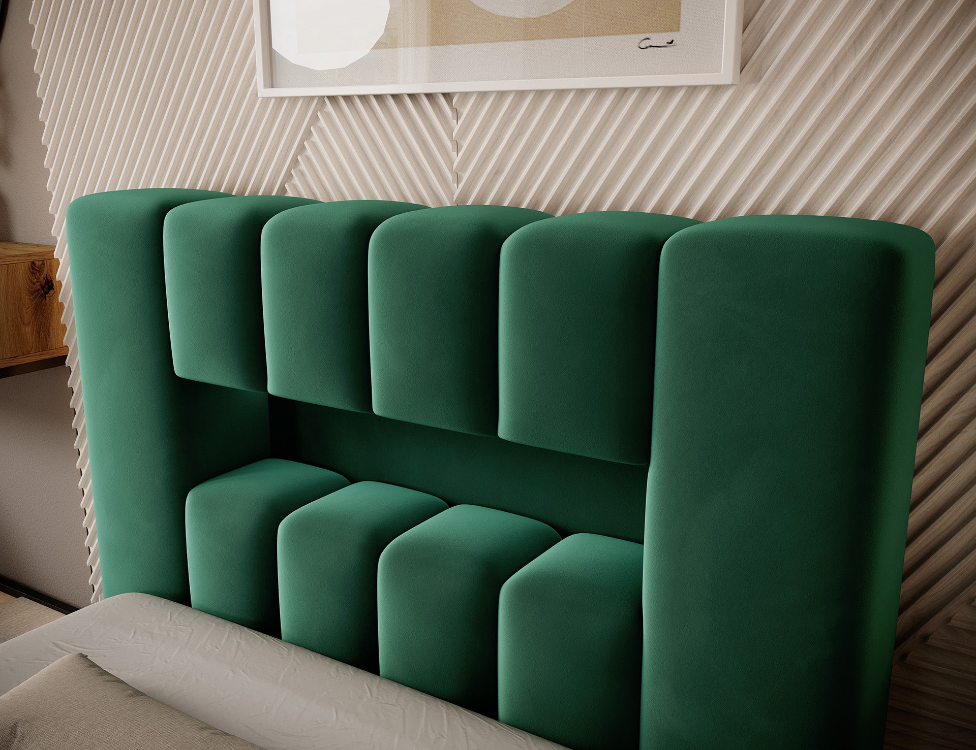 Detal bocznej części wezgłowia Lamica I Nube 35, pokazujący miękkie, zielone, zaokrąglone moduły tapicerki.