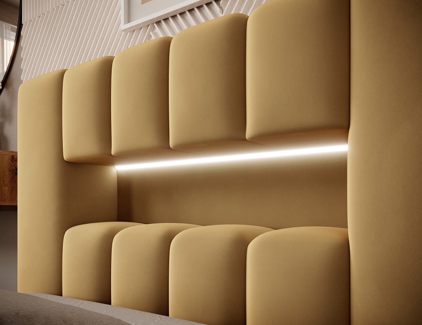 Zbliżenie na wezgłowie łóżka Lamica I Nube 45 z wbudowanym, subtelnym paskiem podświetlenia LED i pikowanymi, wypukłymi panelami.