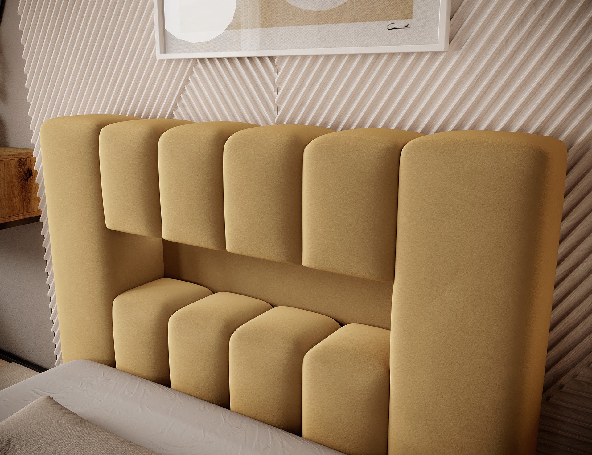 Detal bocznej części wezgłowia Lamica I Nube 45, ukazujący miękkie, żółte, zaokrąglone moduły tapicerki.
